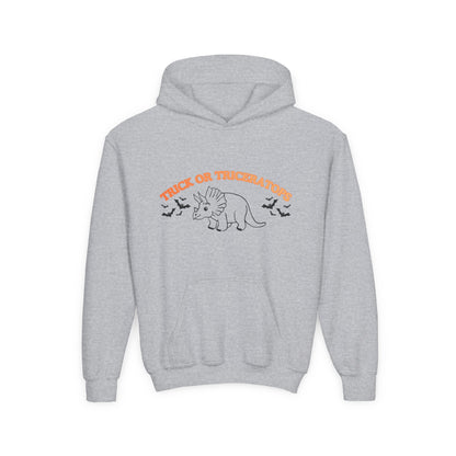 Youth Hoodie — "Trick or Triceratops" Halloween Dinosaur Sweatshirt