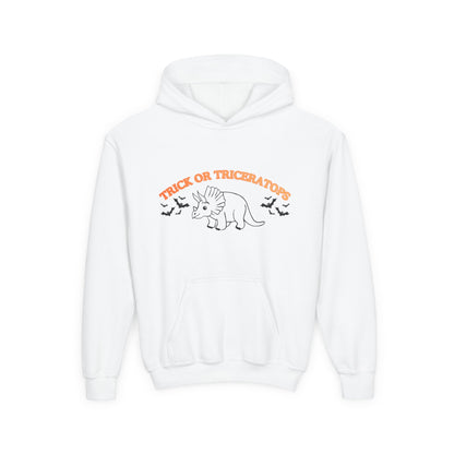 Youth Hoodie — "Trick or Triceratops" Halloween Dinosaur Sweatshirt