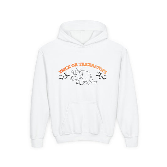 Youth Hoodie — "Trick or Triceratops" Halloween Dinosaur Sweatshirt