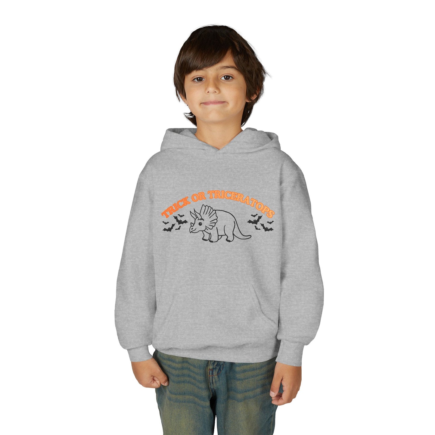 Youth Hoodie — "Trick or Triceratops" Halloween Dinosaur Sweatshirt